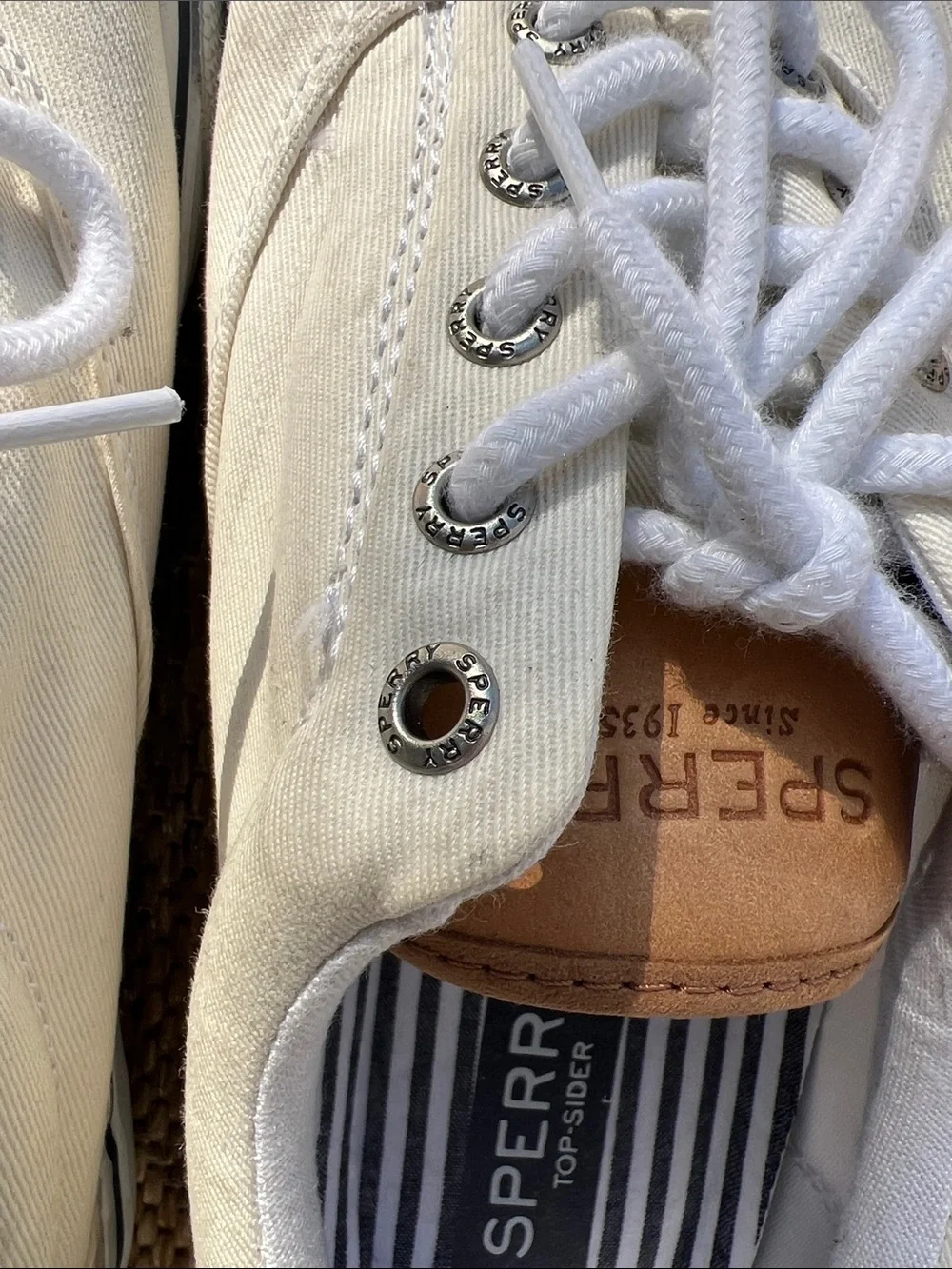 Sperry White Canvas Men's Boat Shoes with Tan Accents Size 11
